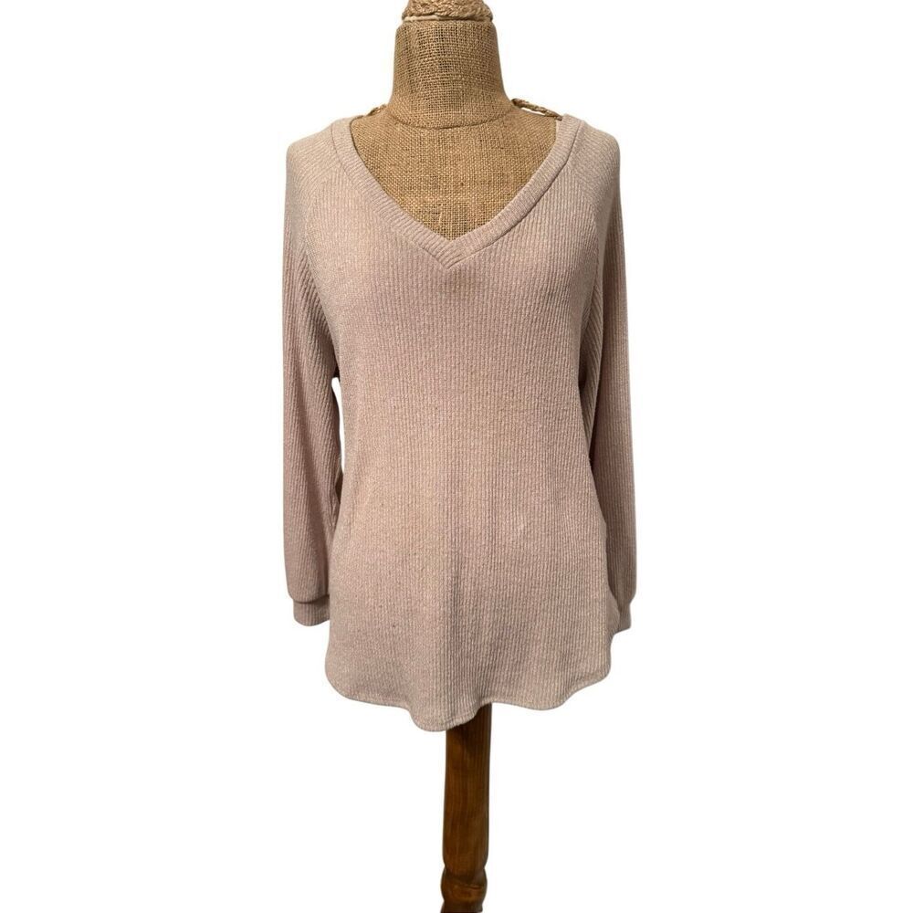 Pink Blush maternity pullover sweater tan oatmeal sz medium ribbed v neck sweate